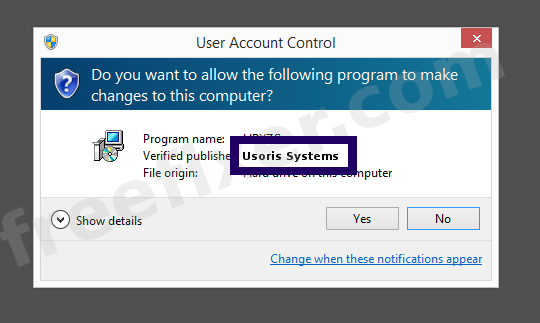 Screenshot where Usoris Systems appears as the verified publisher in the UAC dialog